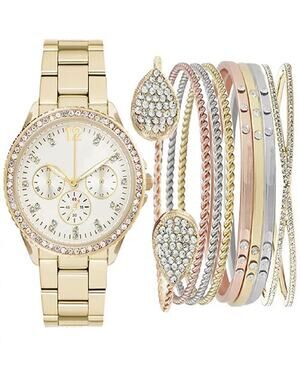 Jessica Carlyle Women Gold Watch Pearl Bracelet Set White Mop Dial Crystal Pearl
